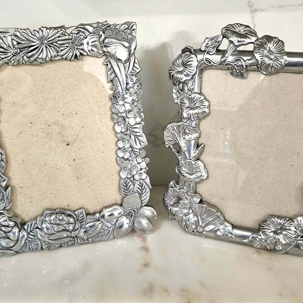 Vintage Floral Embossed Silver-Tone Metal Picture Frames Set of 2